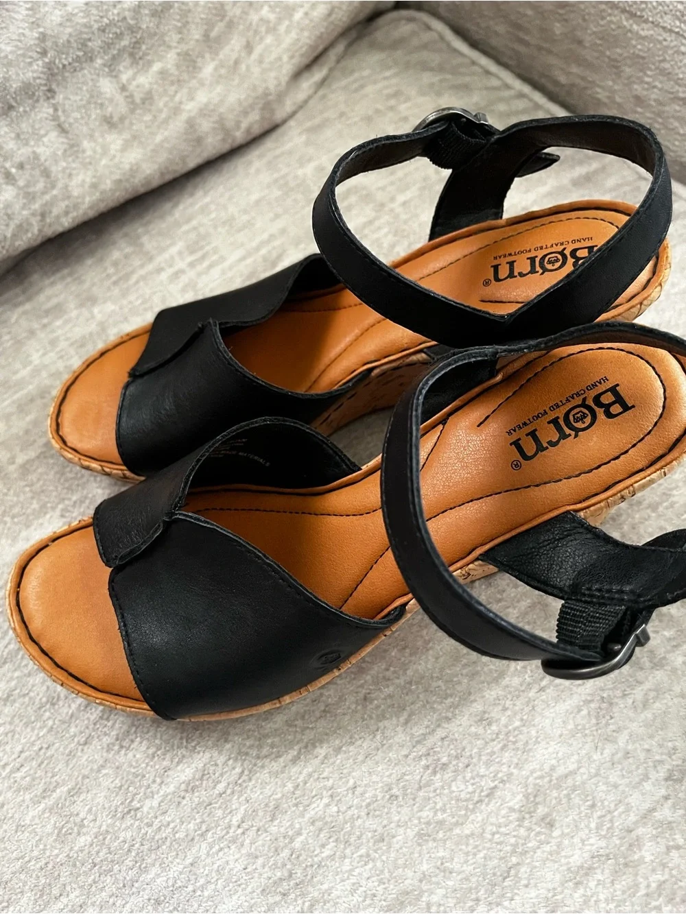 BORN AGNIO Black Leather 3 Inch Cork Bottom Wedges Size 7.5M